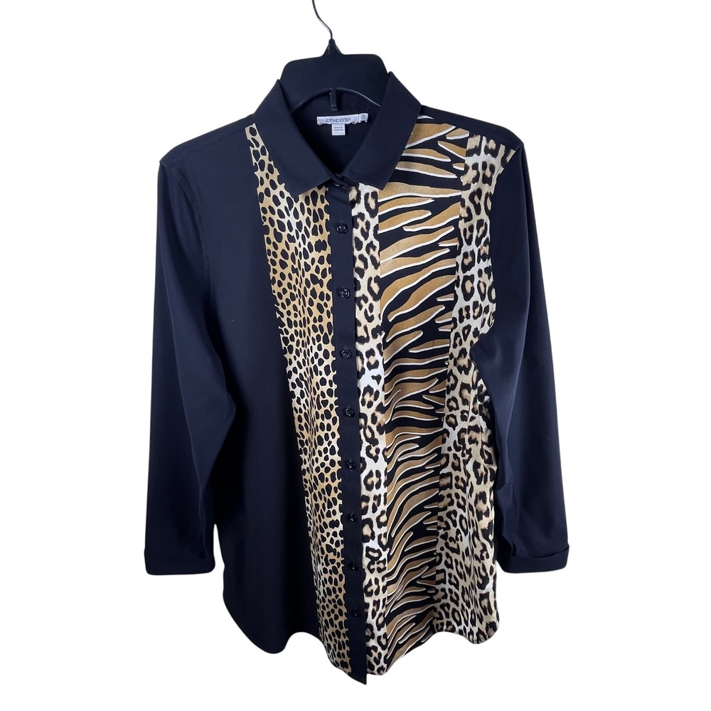Chico's Mixed Animal Print Button Up Shirt Tunic Leopard Zebra Cheetah 1.5 (10)